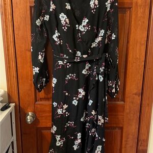 Banana Republic Black Floral Midi Wrap Dress with Pink & White Flowers